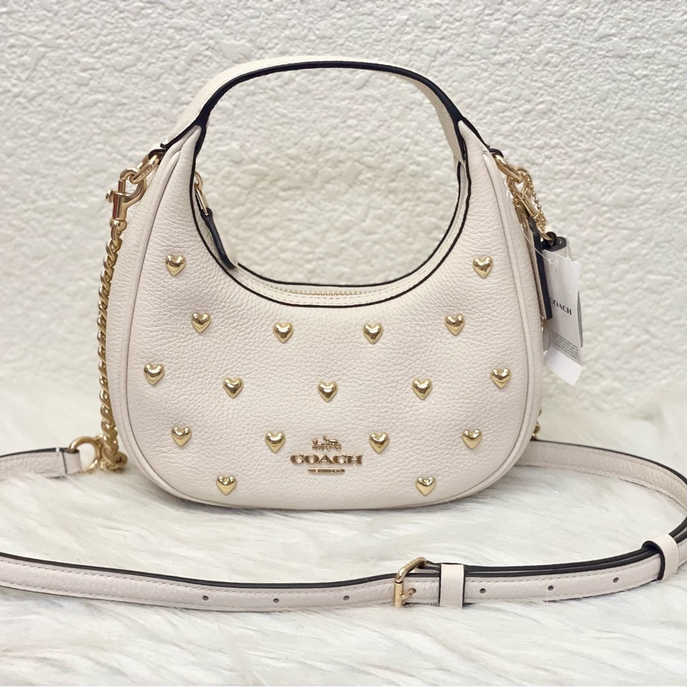 Coach Carmen Mini Crossbody Bag With Heart Rivets Leather/Gold/Chalk CDB85 NWT
